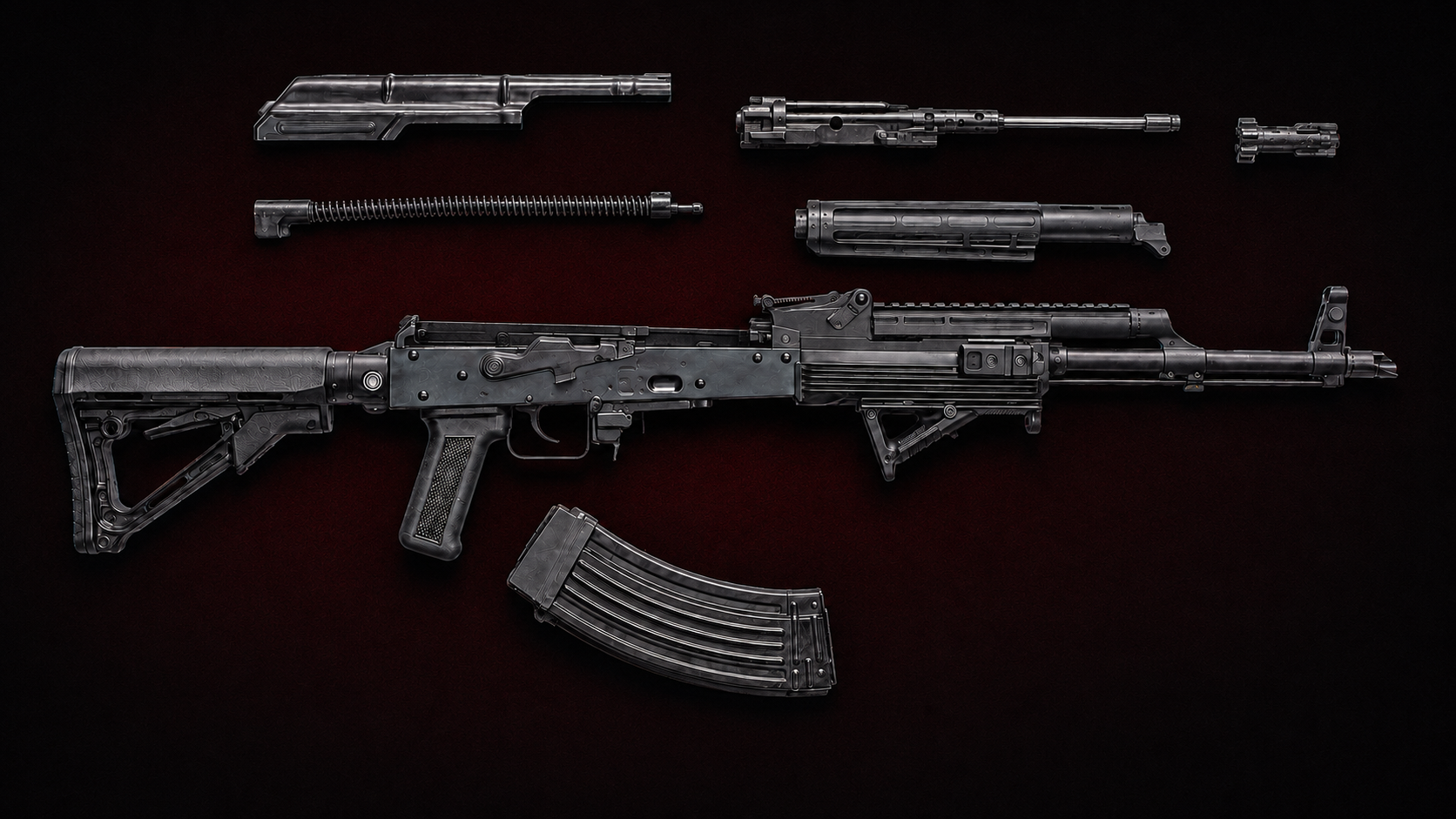 Field-stripped AK Pattern Rifle with its ordinary service components separated