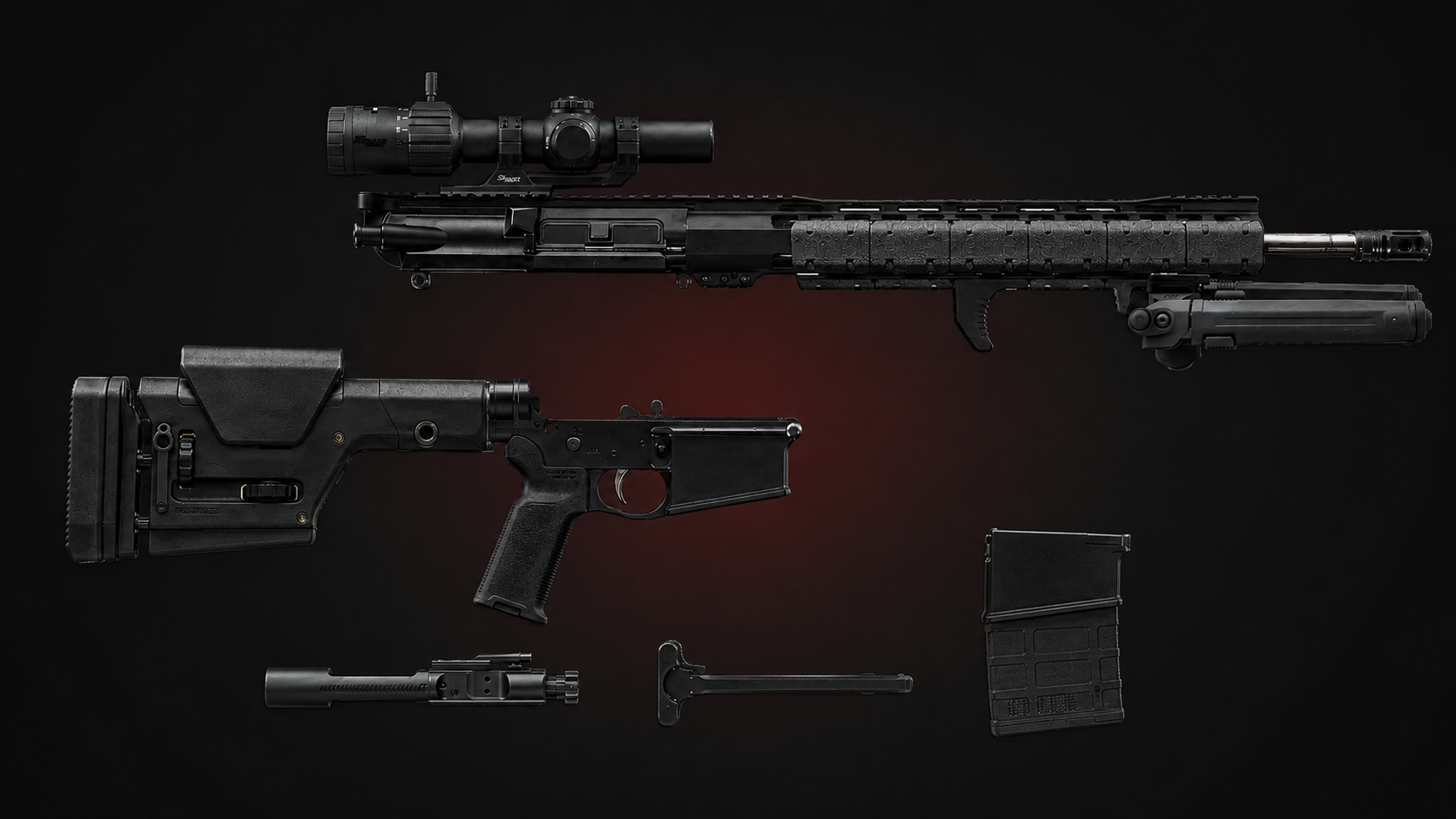 Field-stripped AR-10 / Large-Frame Pattern with its ordinary service components separated