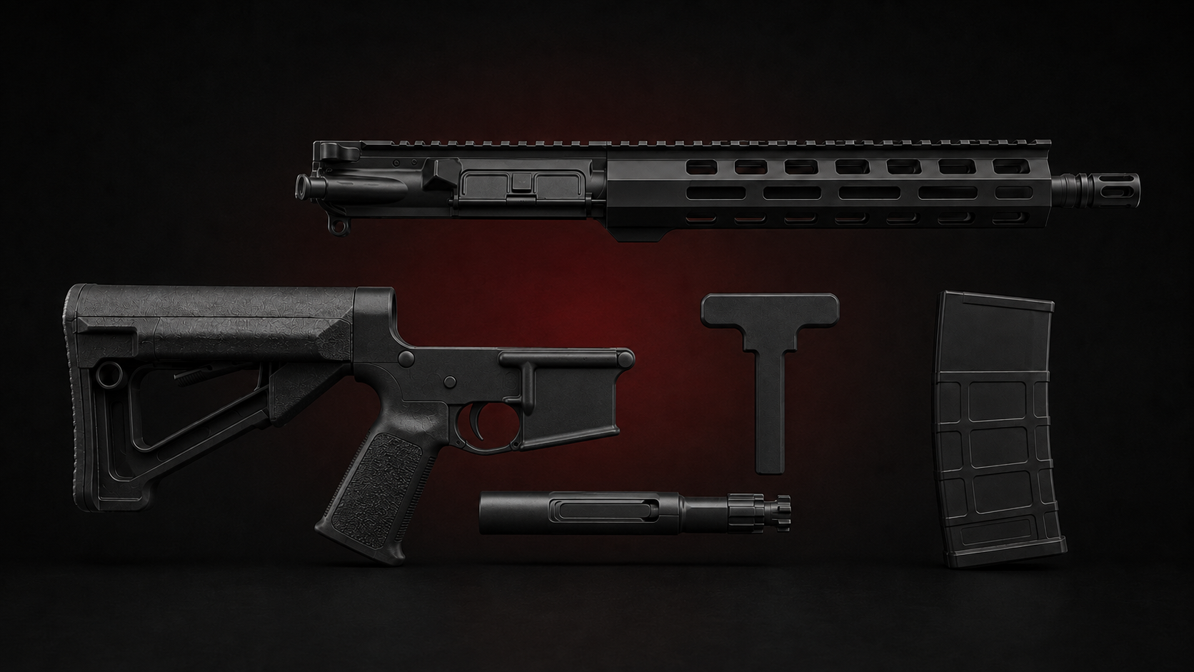 Field-stripped AR-15 Pattern Rifle with its ordinary service components separated