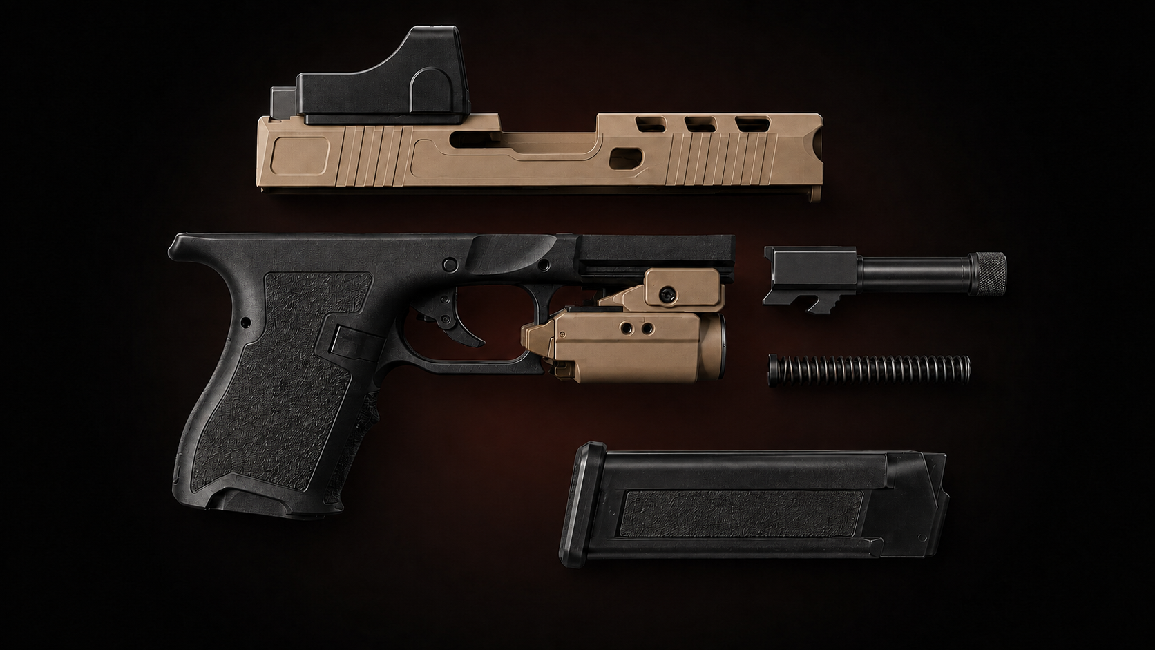 Field-stripped Striker-Fired Handgun with its ordinary service components separated