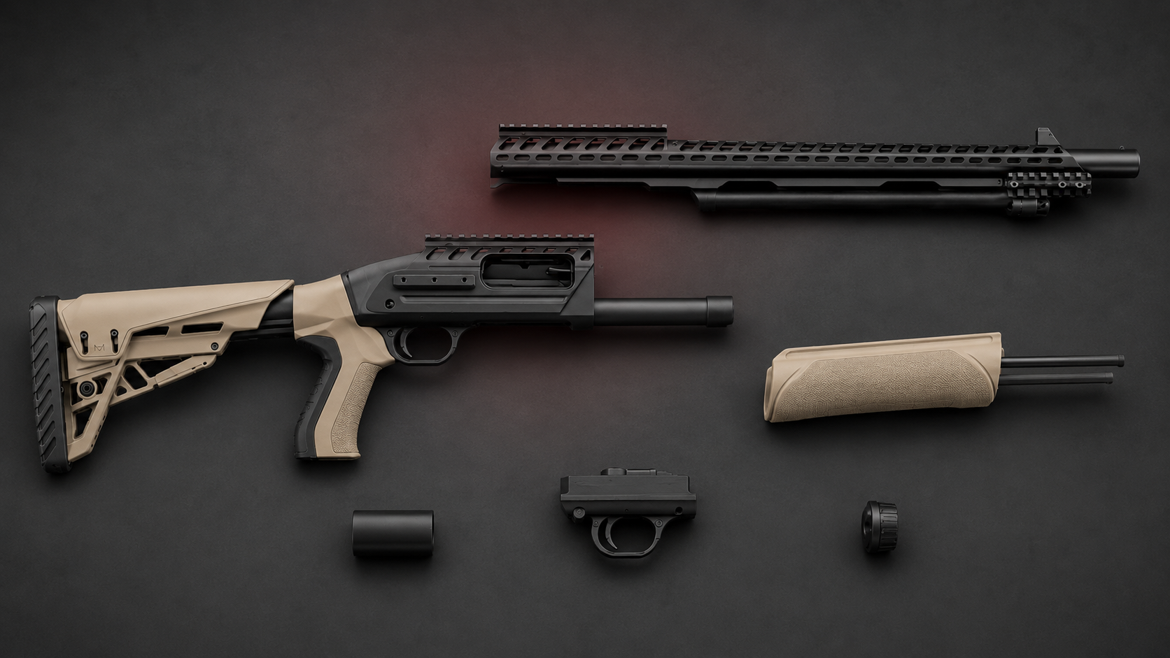 Field-stripped Pump-Action Shotgun with its ordinary service components separated